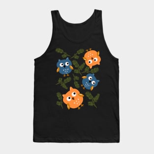 Owl And Pine Tree Pattern On Dark Blue Tank Top